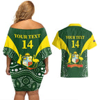 Custom Australia Cricket Couples Matching Off Shoulder Short Dress and Hawaiian Shirt 2024 World Cup Go Aussie - Green Version