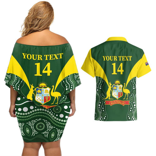 Custom Australia Cricket Couples Matching Off Shoulder Short Dress and Hawaiian Shirt 2024 World Cup Go Aussie - Green Version