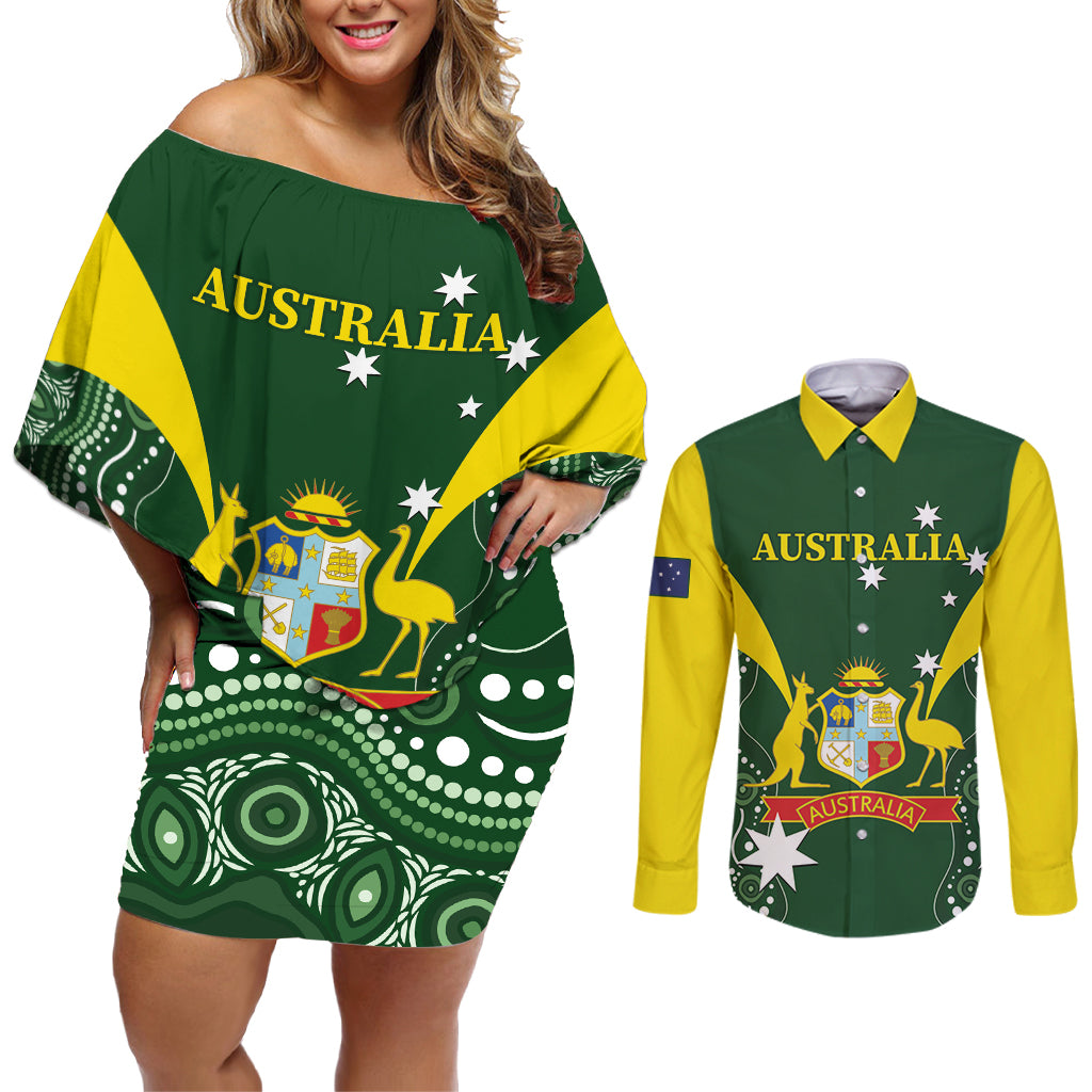 Custom Australia Cricket Couples Matching Off Shoulder Short Dress and Long Sleeve Button Shirt 2024 World Cup Go Aussie - Green Version