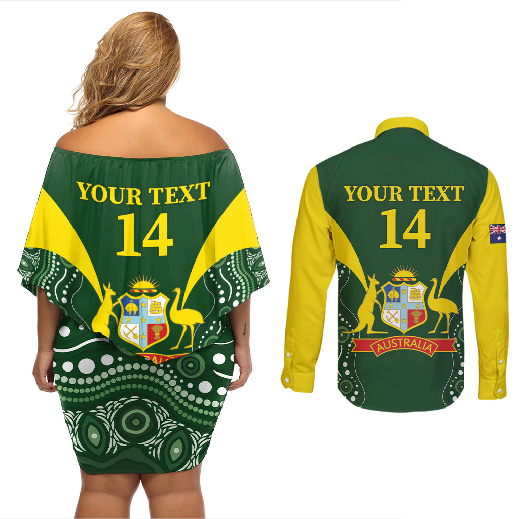 Custom Australia Cricket Couples Matching Off Shoulder Short Dress and Long Sleeve Button Shirt 2024 World Cup Go Aussie - Green Version