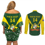 Custom Australia Cricket Couples Matching Off Shoulder Short Dress and Long Sleeve Button Shirt 2024 World Cup Go Aussie - Green Version