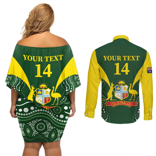 Custom Australia Cricket Couples Matching Off Shoulder Short Dress and Long Sleeve Button Shirt 2024 World Cup Go Aussie - Green Version