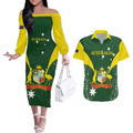 Custom Australia Cricket Couples Matching Off The Shoulder Long Sleeve Dress and Hawaiian Shirt 2024 World Cup Go Aussie - Green Version
