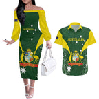 Custom Australia Cricket Couples Matching Off The Shoulder Long Sleeve Dress and Hawaiian Shirt 2024 World Cup Go Aussie - Green Version