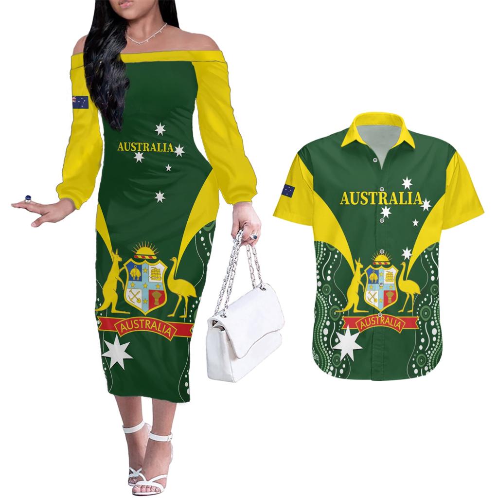 Custom Australia Cricket Couples Matching Off The Shoulder Long Sleeve Dress and Hawaiian Shirt 2024 World Cup Go Aussie - Green Version