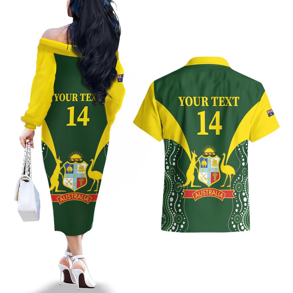 Custom Australia Cricket Couples Matching Off The Shoulder Long Sleeve Dress and Hawaiian Shirt 2024 World Cup Go Aussie - Green Version