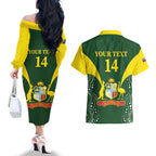 Custom Australia Cricket Couples Matching Off The Shoulder Long Sleeve Dress and Hawaiian Shirt 2024 World Cup Go Aussie - Green Version