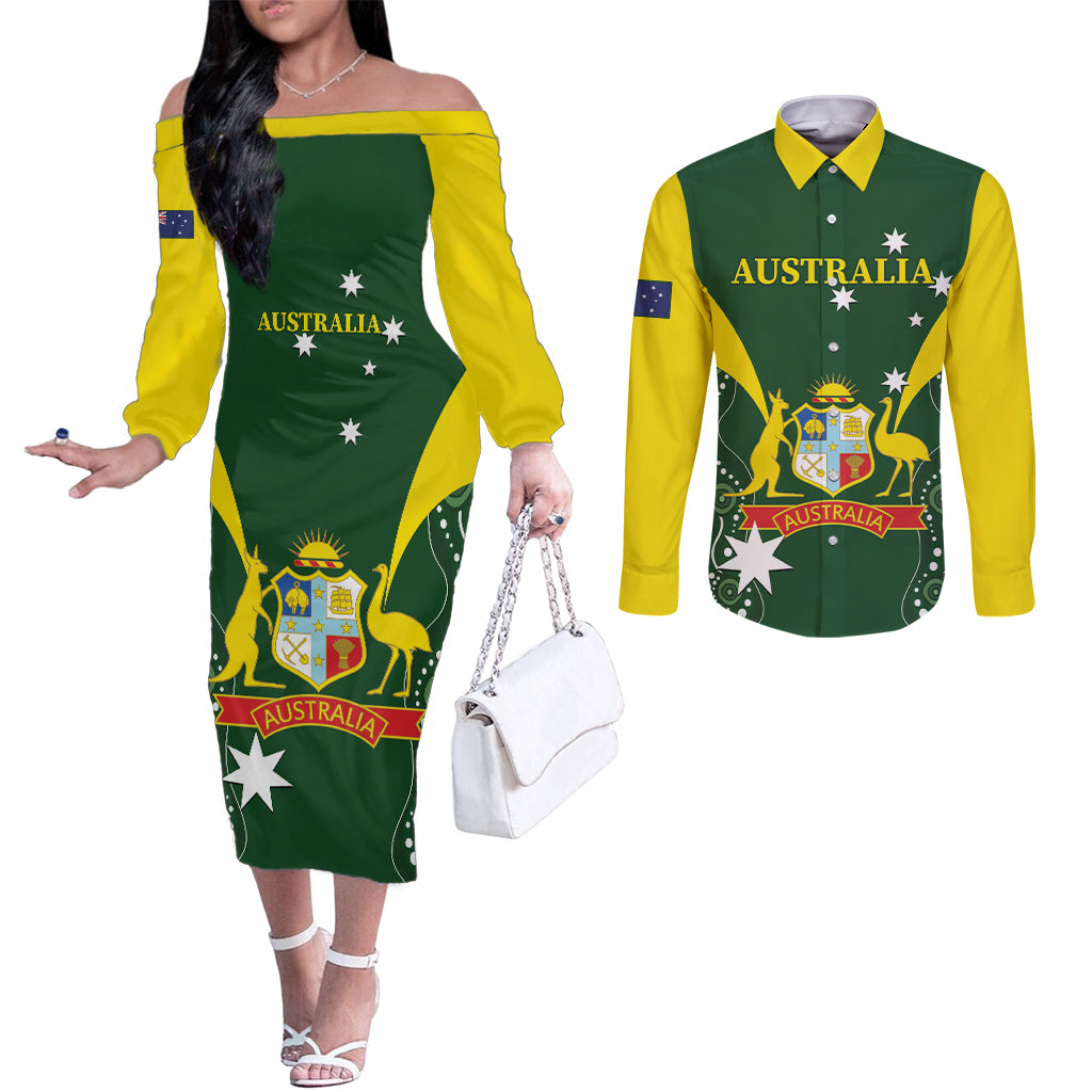 Custom Australia Cricket Couples Matching Off The Shoulder Long Sleeve Dress and Long Sleeve Button Shirt 2024 World Cup Go Aussie - Green Version