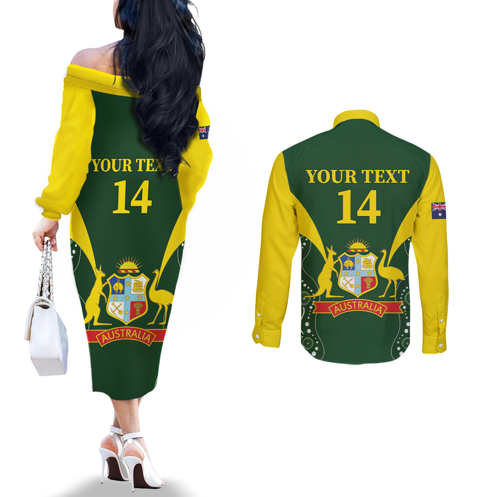 Custom Australia Cricket Couples Matching Off The Shoulder Long Sleeve Dress and Long Sleeve Button Shirt 2024 World Cup Go Aussie - Green Version