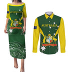 Custom Australia Cricket Couples Matching Puletasi and Long Sleeve Button Shirt 2024 World Cup Go Aussie - Green Version