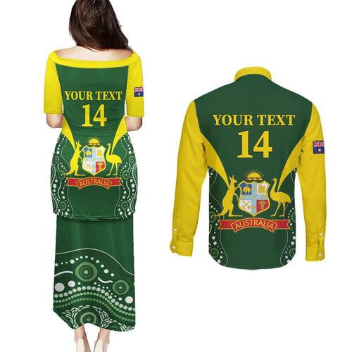 Custom Australia Cricket Couples Matching Puletasi and Long Sleeve Button Shirt 2024 World Cup Go Aussie - Green Version