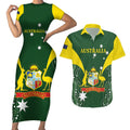 Custom Australia Cricket Couples Matching Short Sleeve Bodycon Dress and Hawaiian Shirt 2024 World Cup Go Aussie - Green Version