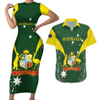 Custom Australia Cricket Couples Matching Short Sleeve Bodycon Dress and Hawaiian Shirt 2024 World Cup Go Aussie - Green Version