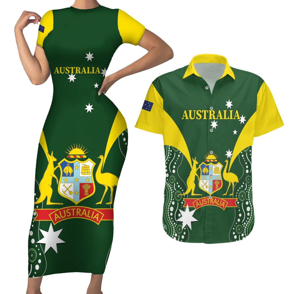 Custom Australia Cricket Couples Matching Short Sleeve Bodycon Dress and Hawaiian Shirt 2024 World Cup Go Aussie - Green Version