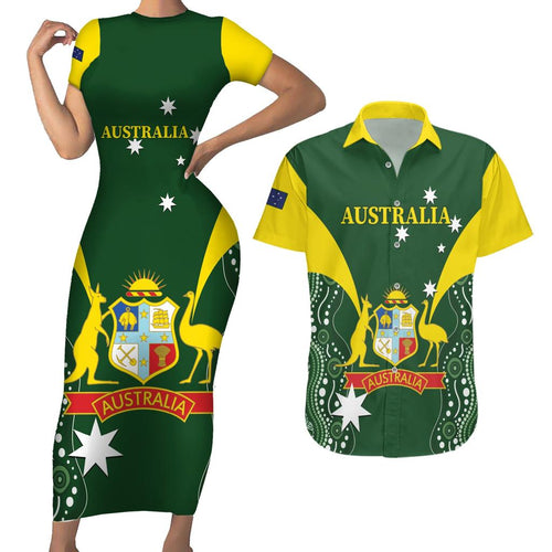 Custom Australia Cricket Couples Matching Short Sleeve Bodycon Dress and Hawaiian Shirt 2024 World Cup Go Aussie - Green Version