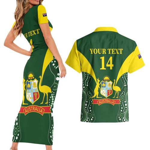 Custom Australia Cricket Couples Matching Short Sleeve Bodycon Dress and Hawaiian Shirt 2024 World Cup Go Aussie - Green Version