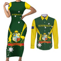 Custom Australia Cricket Couples Matching Short Sleeve Bodycon Dress and Long Sleeve Button Shirt 2024 World Cup Go Aussie - Green Version