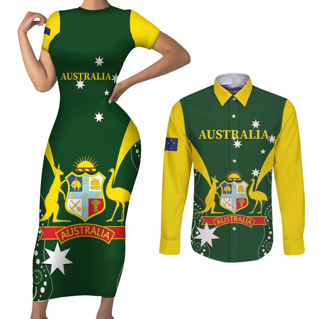Custom Australia Cricket Couples Matching Short Sleeve Bodycon Dress and Long Sleeve Button Shirt 2024 World Cup Go Aussie - Green Version