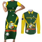 Custom Australia Cricket Couples Matching Short Sleeve Bodycon Dress and Long Sleeve Button Shirt 2024 World Cup Go Aussie - Green Version