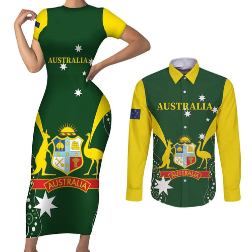 Custom Australia Cricket Couples Matching Short Sleeve Bodycon Dress and Long Sleeve Button Shirt 2024 World Cup Go Aussie - Green Version