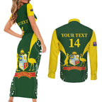 Custom Australia Cricket Couples Matching Short Sleeve Bodycon Dress and Long Sleeve Button Shirt 2024 World Cup Go Aussie - Green Version