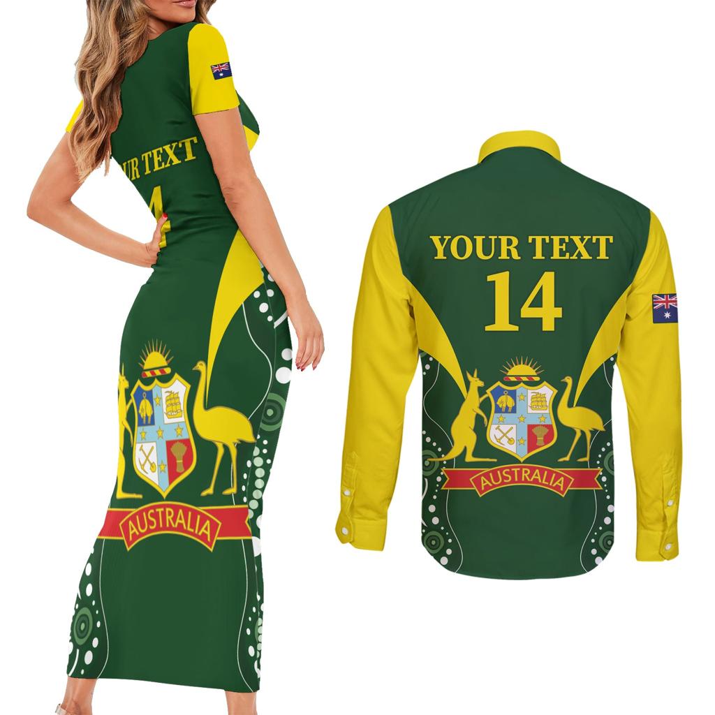 Custom Australia Cricket Couples Matching Short Sleeve Bodycon Dress and Long Sleeve Button Shirt 2024 World Cup Go Aussie - Green Version