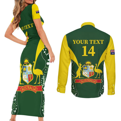 Custom Australia Cricket Couples Matching Short Sleeve Bodycon Dress and Long Sleeve Button Shirt 2024 World Cup Go Aussie - Green Version