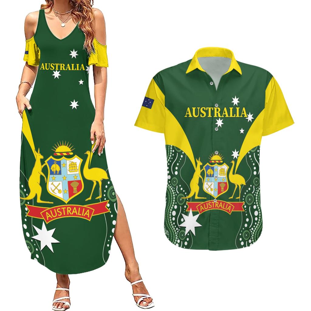 Custom Australia Cricket Couples Matching Summer Maxi Dress and Hawaiian Shirt 2024 World Cup Go Aussie - Green Version