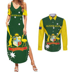 Custom Australia Cricket Couples Matching Summer Maxi Dress and Long Sleeve Button Shirt 2024 World Cup Go Aussie - Green Version