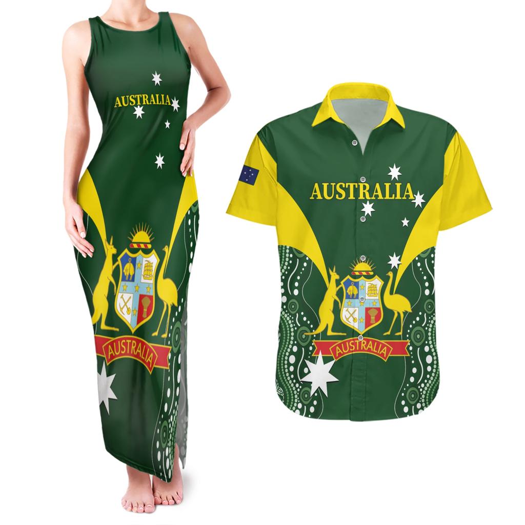 Custom Australia Cricket Couples Matching Tank Maxi Dress and Hawaiian Shirt 2024 World Cup Go Aussie - Green Version