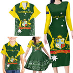 Custom Australia Cricket Family Matching Long Sleeve Bodycon Dress and Hawaiian Shirt 2024 World Cup Go Aussie - Green Version