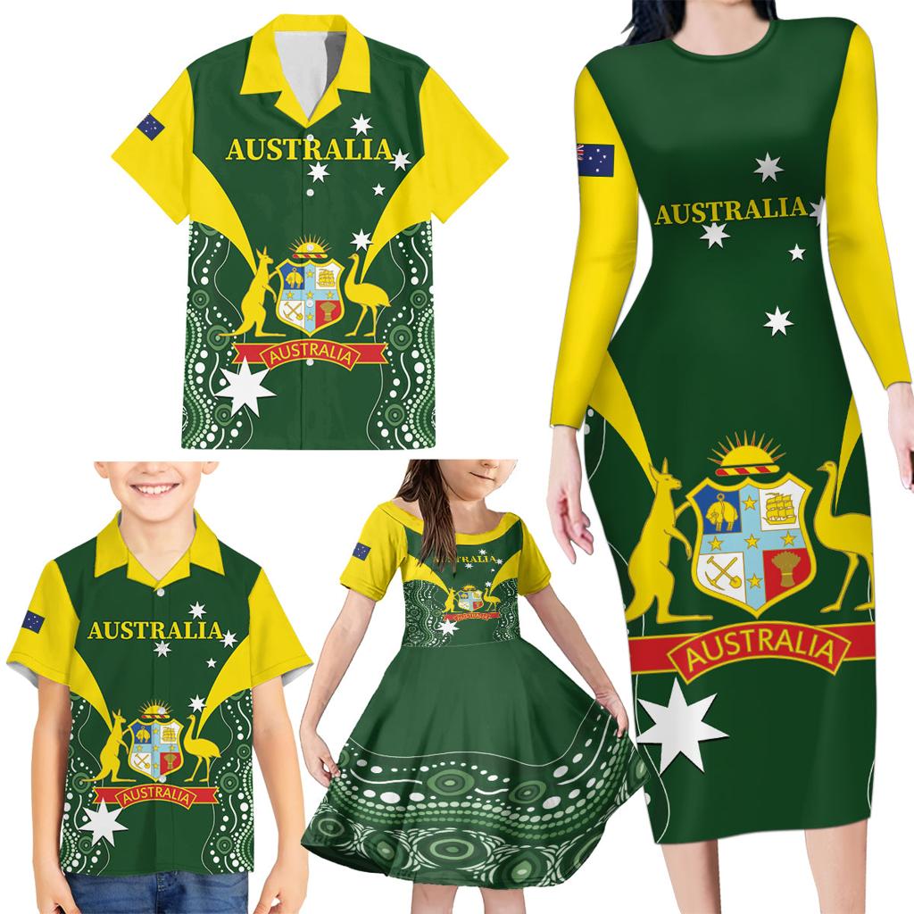 Custom Australia Cricket Family Matching Long Sleeve Bodycon Dress and Hawaiian Shirt 2024 World Cup Go Aussie - Green Version