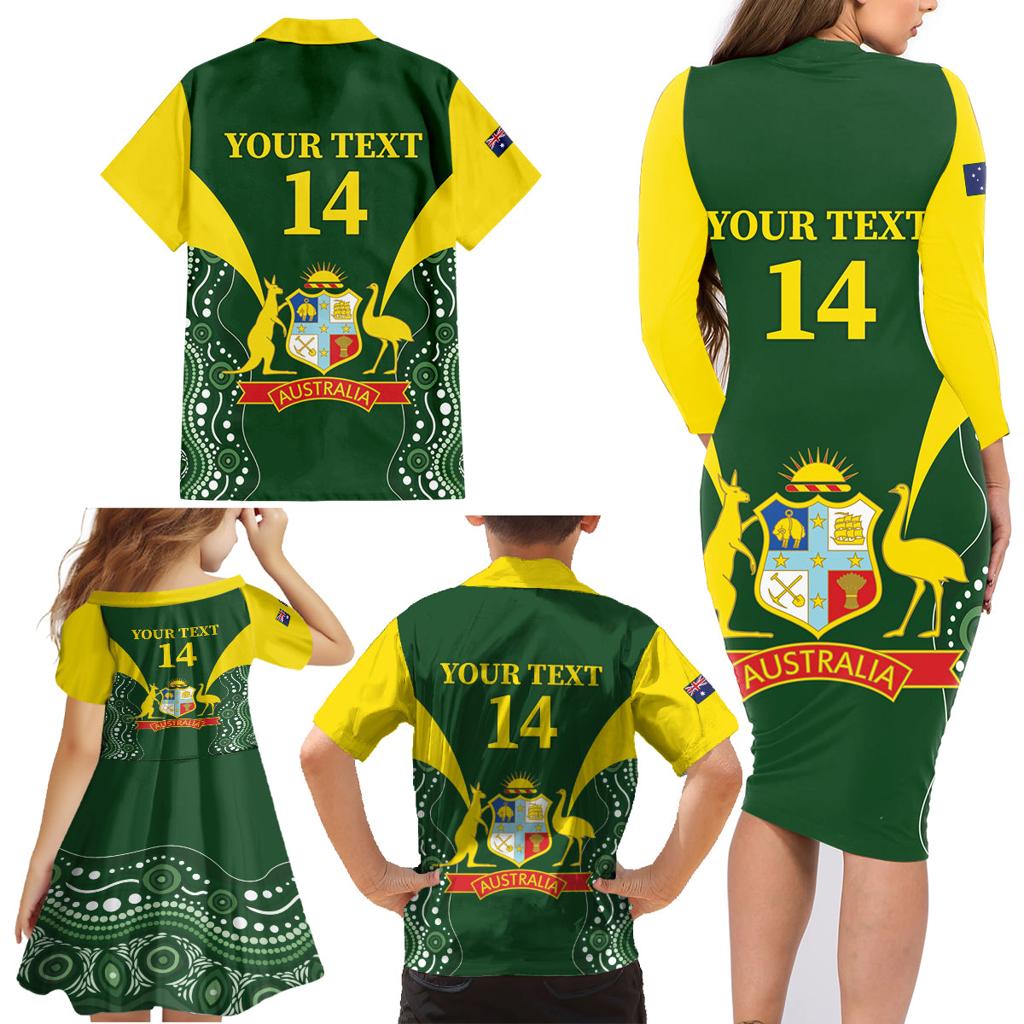 Custom Australia Cricket Family Matching Long Sleeve Bodycon Dress and Hawaiian Shirt 2024 World Cup Go Aussie - Green Version
