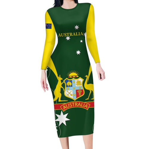 Custom Australia Cricket Family Matching Long Sleeve Bodycon Dress and Hawaiian Shirt 2024 World Cup Go Aussie - Green Version