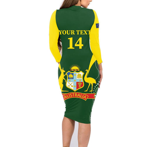 Custom Australia Cricket Family Matching Long Sleeve Bodycon Dress and Hawaiian Shirt 2024 World Cup Go Aussie - Green Version