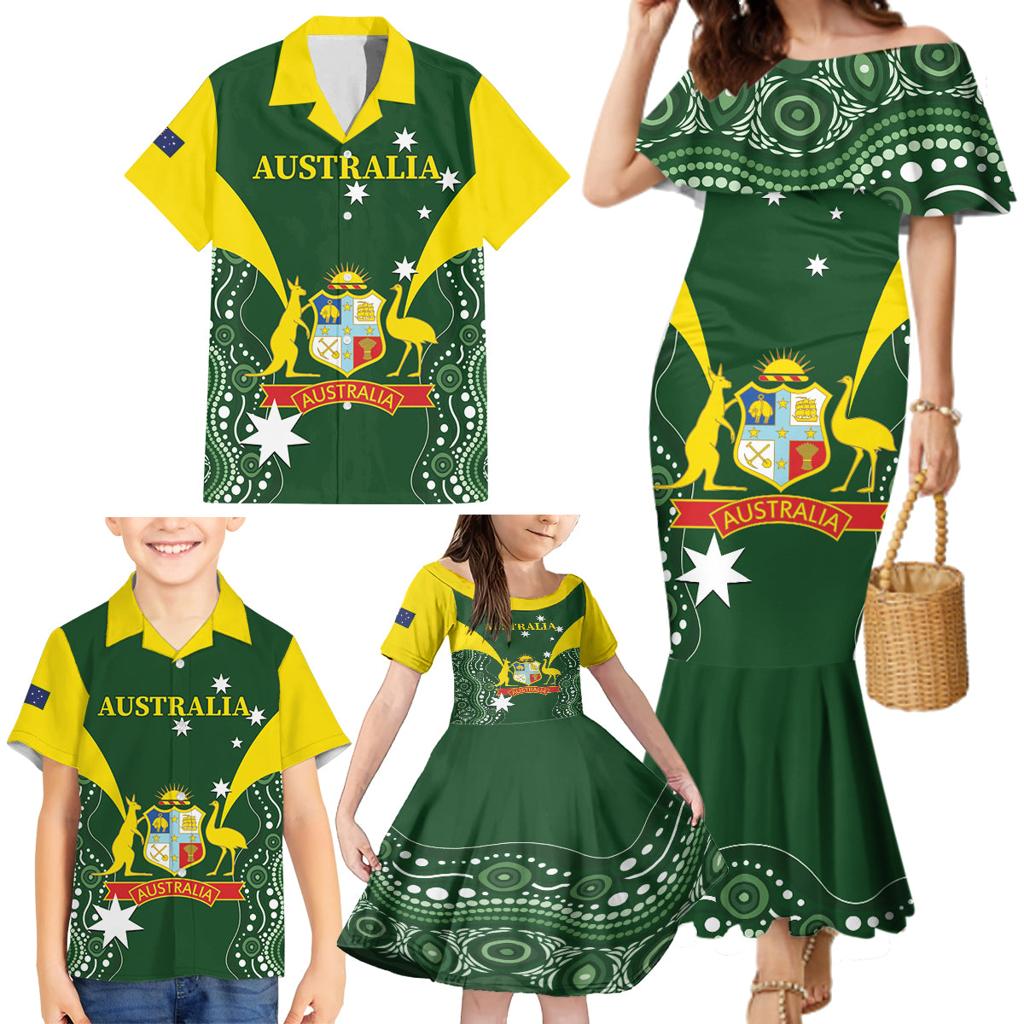 Custom Australia Cricket Family Matching Mermaid Dress and Hawaiian Shirt 2024 World Cup Go Aussie - Green Version