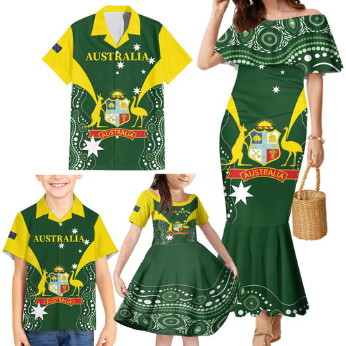 Custom Australia Cricket Family Matching Mermaid Dress and Hawaiian Shirt 2024 World Cup Go Aussie - Green Version