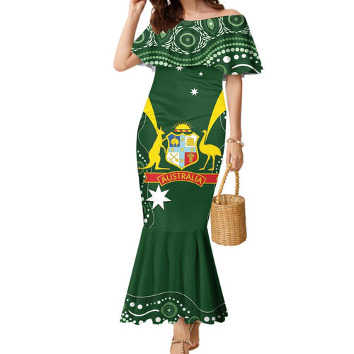 Custom Australia Cricket Family Matching Mermaid Dress and Hawaiian Shirt 2024 World Cup Go Aussie - Green Version
