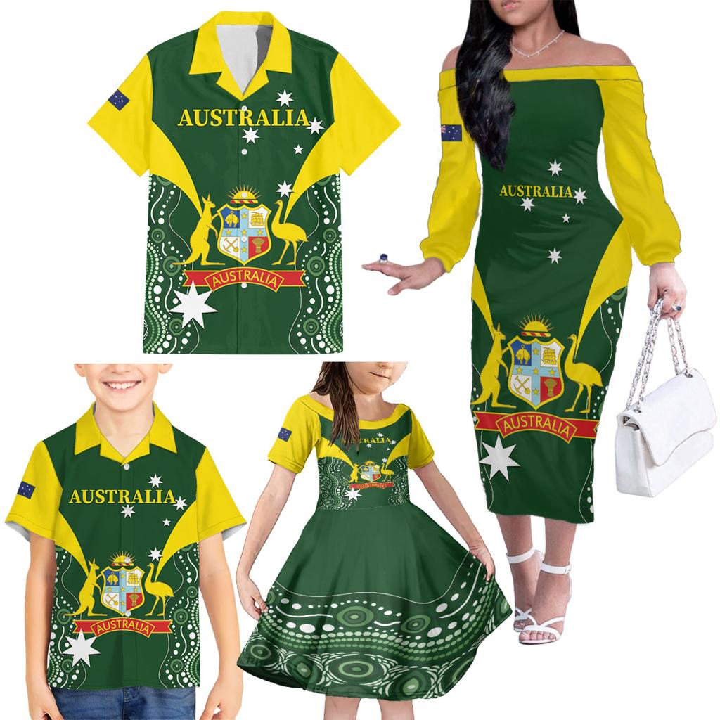 Custom Australia Cricket Family Matching Off The Shoulder Long Sleeve Dress and Hawaiian Shirt 2024 World Cup Go Aussie - Green Version