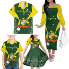 Custom Australia Cricket Family Matching Off The Shoulder Long Sleeve Dress and Hawaiian Shirt 2024 World Cup Go Aussie - Green Version