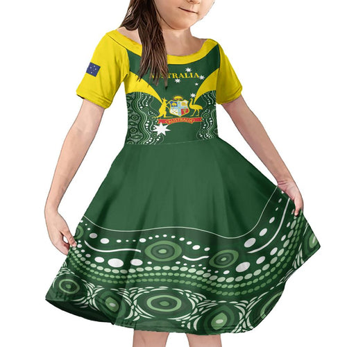 Custom Australia Cricket Family Matching Off The Shoulder Long Sleeve Dress and Hawaiian Shirt 2024 World Cup Go Aussie - Green Version