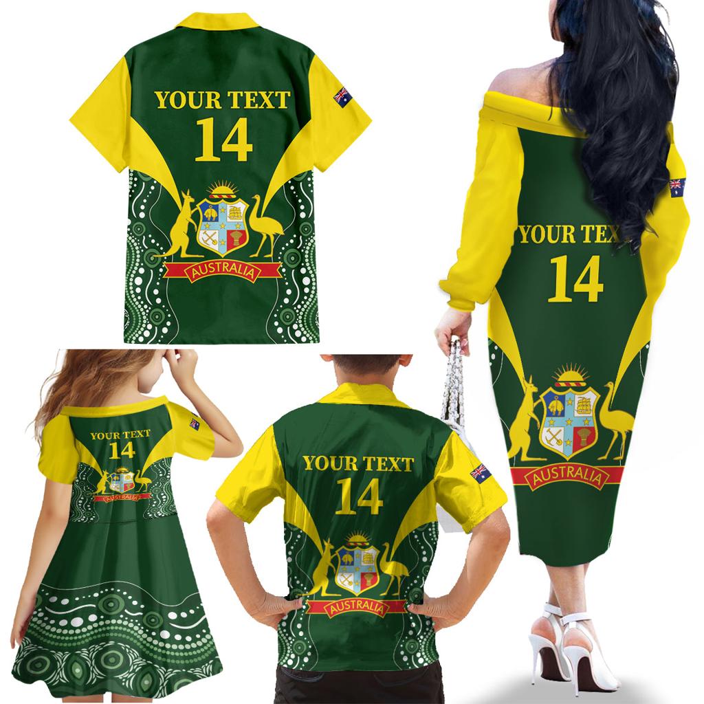 Custom Australia Cricket Family Matching Off The Shoulder Long Sleeve Dress and Hawaiian Shirt 2024 World Cup Go Aussie - Green Version