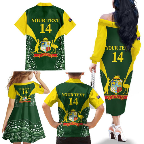 Custom Australia Cricket Family Matching Off The Shoulder Long Sleeve Dress and Hawaiian Shirt 2024 World Cup Go Aussie - Green Version