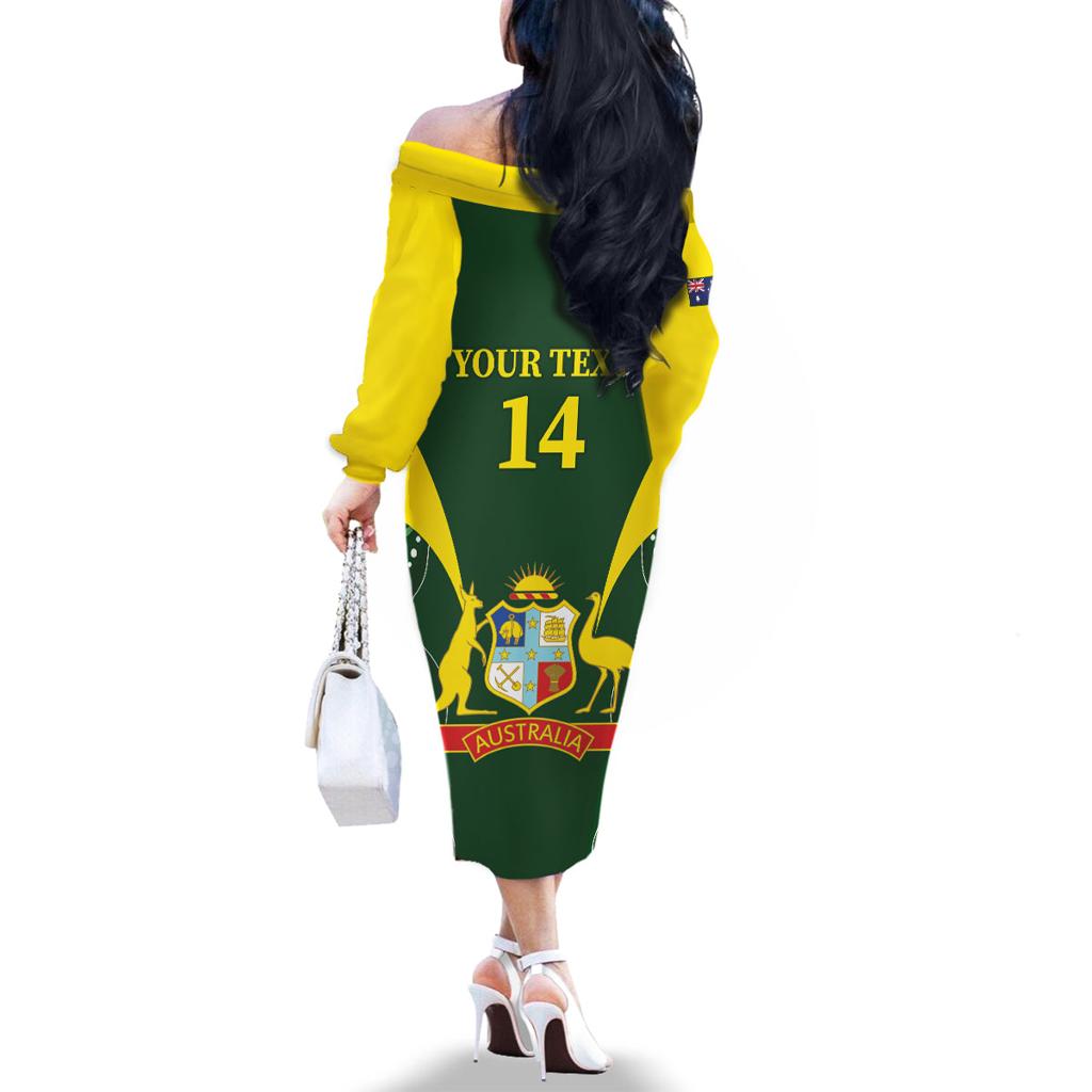 Custom Australia Cricket Family Matching Off The Shoulder Long Sleeve Dress and Hawaiian Shirt 2024 World Cup Go Aussie - Green Version