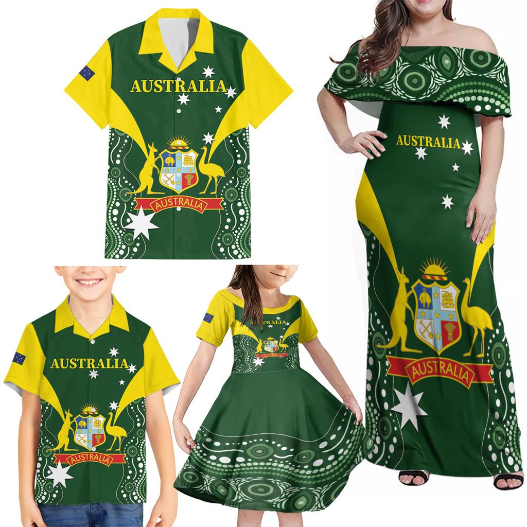 Custom Australia Cricket Family Matching Off Shoulder Maxi Dress and Hawaiian Shirt 2024 World Cup Go Aussie - Green Version