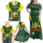Custom Australia Cricket Family Matching Off Shoulder Maxi Dress and Hawaiian Shirt 2024 World Cup Go Aussie - Green Version