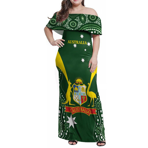 Custom Australia Cricket Family Matching Off Shoulder Maxi Dress and Hawaiian Shirt 2024 World Cup Go Aussie - Green Version