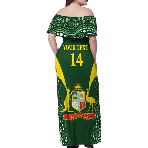 Custom Australia Cricket Family Matching Off Shoulder Maxi Dress and Hawaiian Shirt 2024 World Cup Go Aussie - Green Version