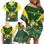 Custom Australia Cricket Family Matching Off Shoulder Short Dress and Hawaiian Shirt 2024 World Cup Go Aussie - Green Version