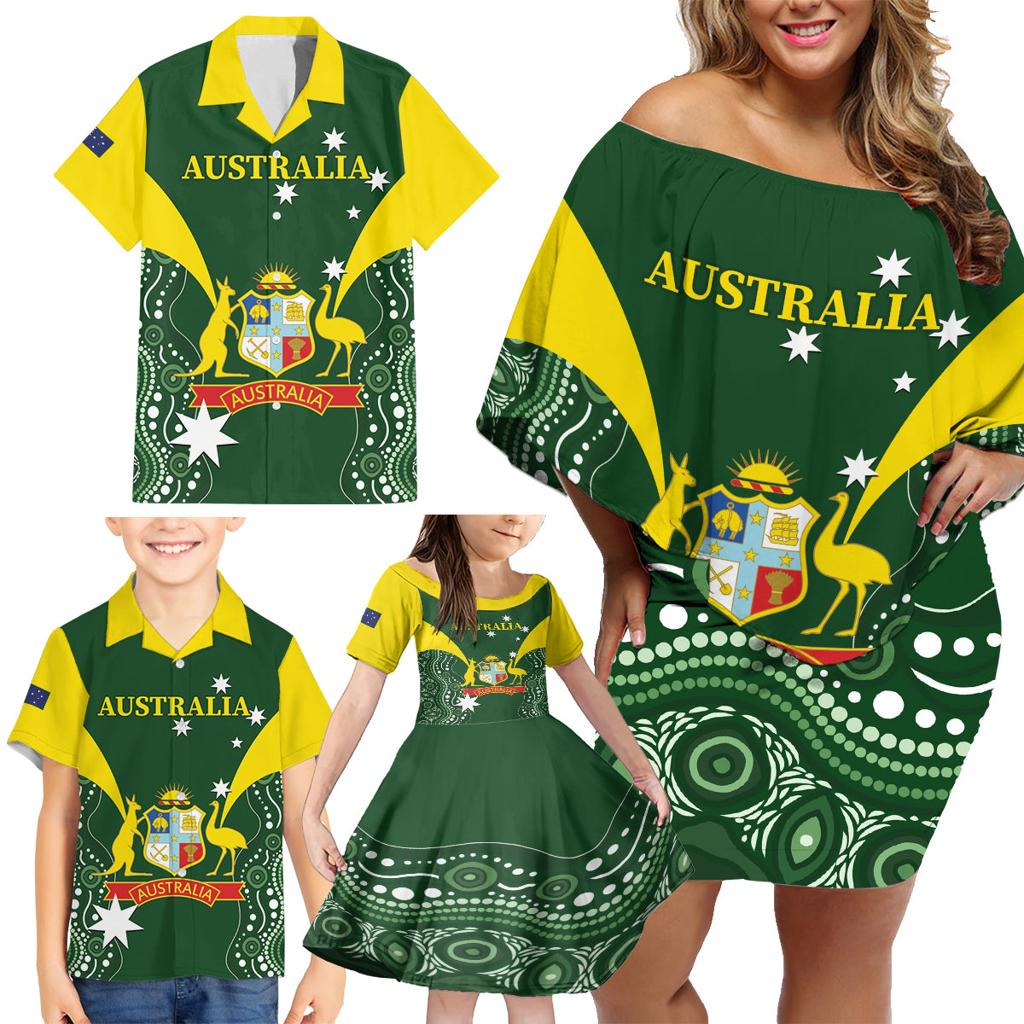 Custom Australia Cricket Family Matching Off Shoulder Short Dress and Hawaiian Shirt 2024 World Cup Go Aussie - Green Version